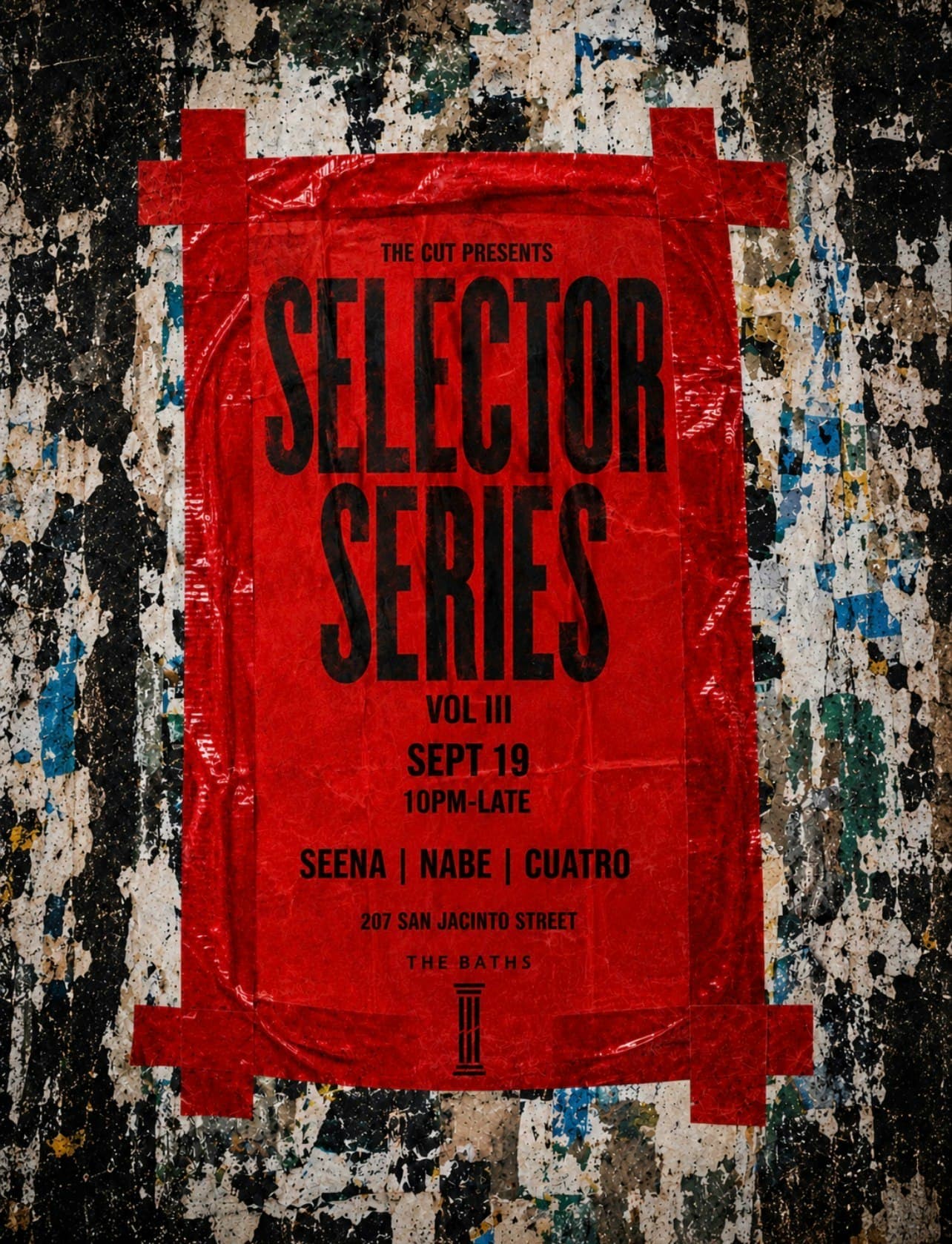 Flyer for Selector Series Vol III at The Baths